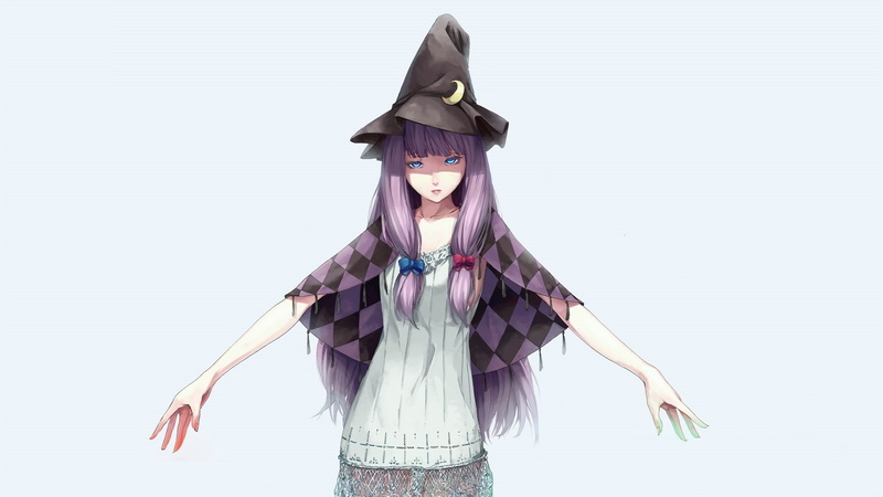 Project East, jacket, Sousou, 1080P, Touhou Project, hands, bows, Patchouli Knowledge, Cape, lilac hair, witch hat, art, blue eyes, blue background
