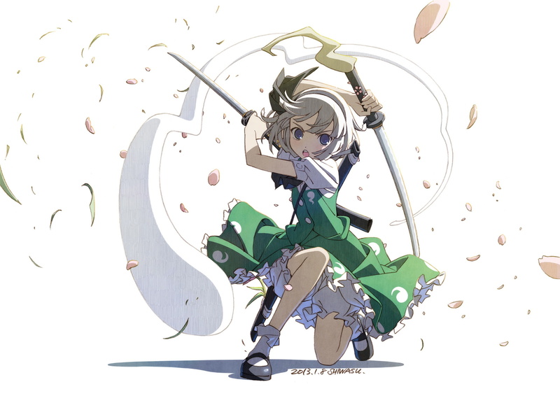 katana, Shiwasu, white background, stand, Myon, Konpaku Youmu, art, Touhou Project, Project East, 1080P, spirit, petals