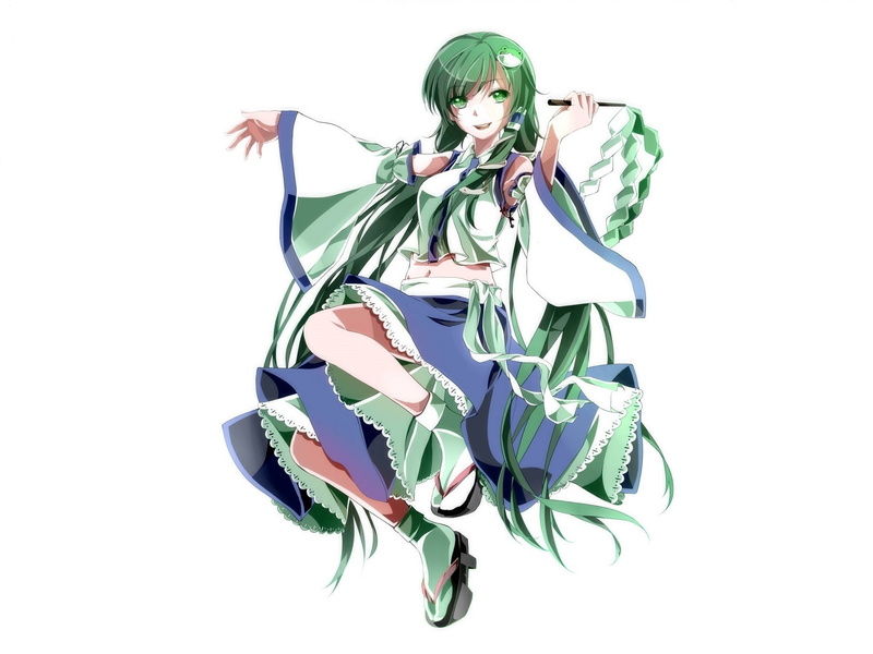 dance, green hair, smile, white background, it, Kochi Have Done The Art, priestess, Touhou Project, art, Asuku, Project East, 1080P
