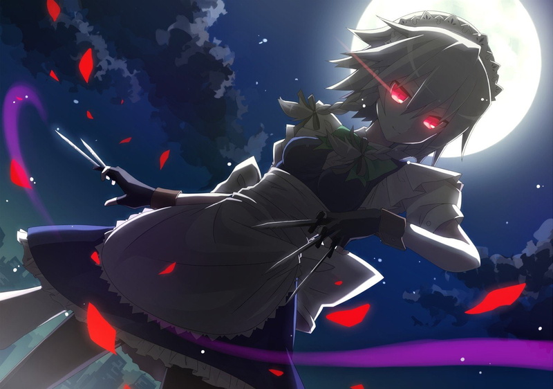 Flower Petals, 720P, Anime Girls, clouds, Moon, Red Eyes, knife, ribbon, Izayoi Sakuya, anime, touhou