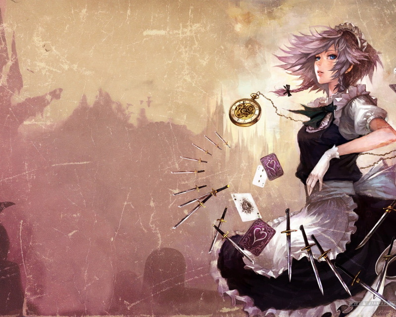 full length, occupation, mid adult, adult, fantasy art, front view, one person, clothing, Touhou, females, casual clothing, Izayoi Sakuya, knife, holding