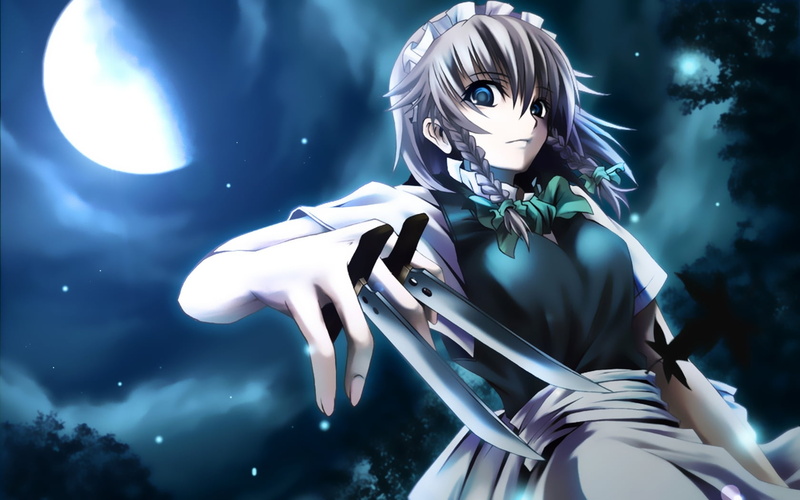 illuminated, nature, anime, Touhou, Moon, night, waist up, anime girls, Izayoi Sakuya, mask - disguise, outdoors, blue eyes, arts culture and entertainment