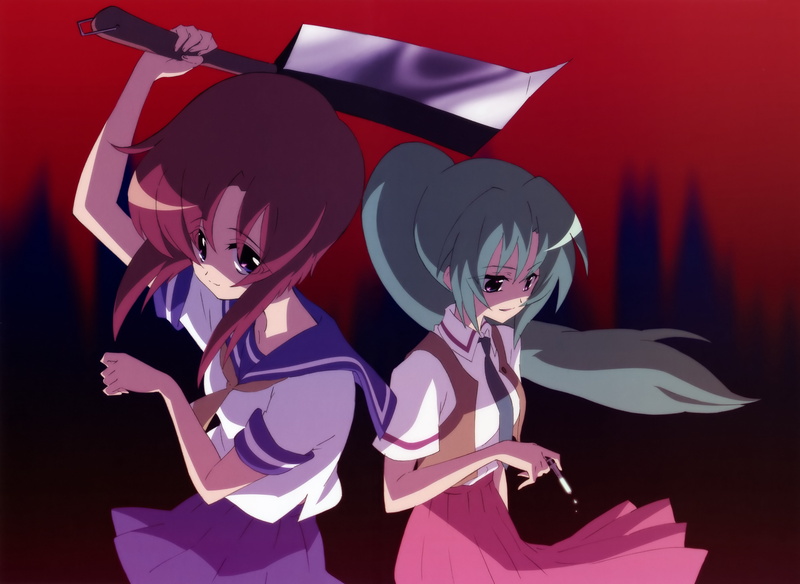 Mion Sonozaki, When the cicadas cry, Higurashi no Naku Koro ni, cleaver, Rena Ryuugu, 5K, Schoolgirls, a bloody mist, blade, cigarette, killer