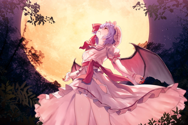 vampire, konachan, plant, sculpture, red, eyes, day, torn, stars, pink color, clothes, sunset, hair, hat, wristwear, panties, craft, nature, underwear