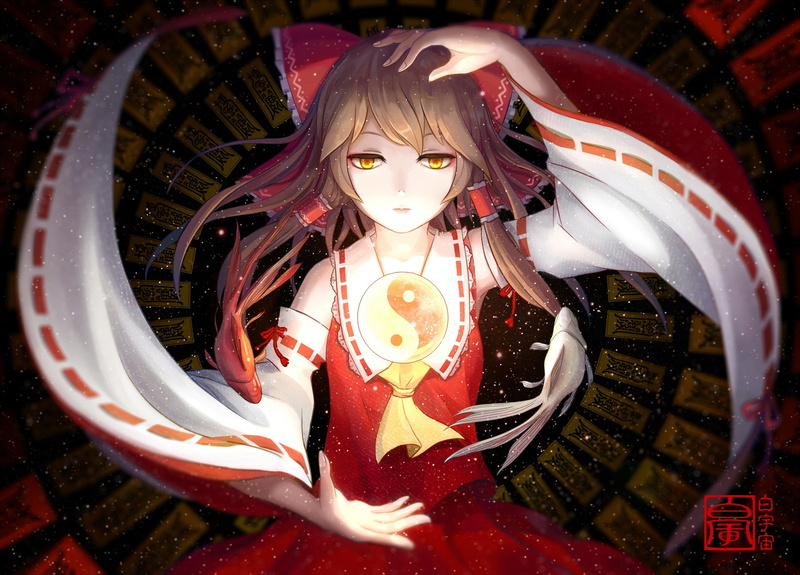 Hakurei Reimu, anime, yellow eyes, Touhou, anime girls, long hair, 2K