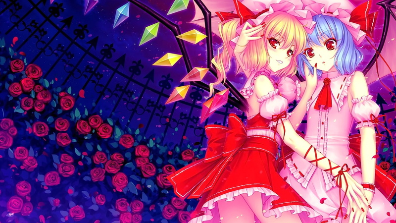 long hair, red eyes, blue hair, smiling, 1080P, anime girls, hat, Flandre Scarlet, Remilia Scarlet, Touhou, flowers, blonde, anime