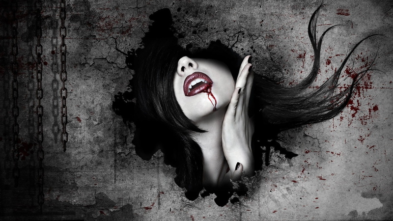 horror, 1080P, fantasy, face, women, Gothic, vampires, blood, Dark, art