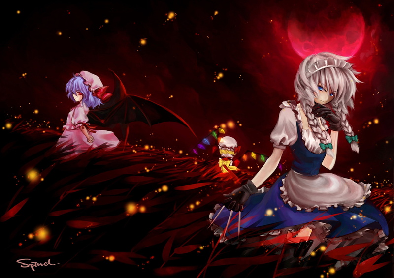 Touhou, izayoi, 2K, sakuya, Remilia Scarlet, Flandre Scarlet, scarlet, Izayoi Sakuya, hd, remilia, flandre, art