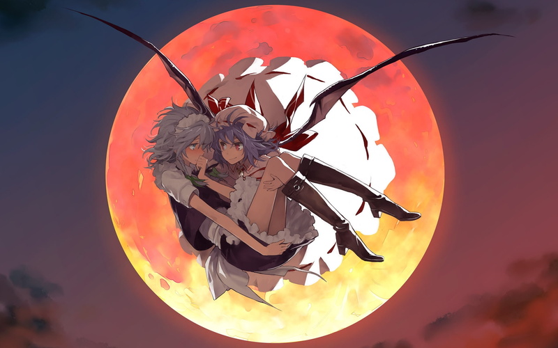 scarlet, remilia, touhou, anime, eyes, girls, blue, dress, red, hair, 1080P, sakuya, short, moon, izayoi, white, wings