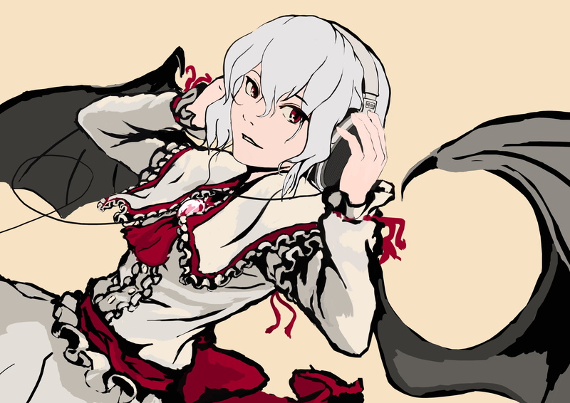 Touhou, studio shot, beige background, sky, portrait, one person, 2K, horror, bangs, creativity, simple background, vampires, adult, headphones, red eyes