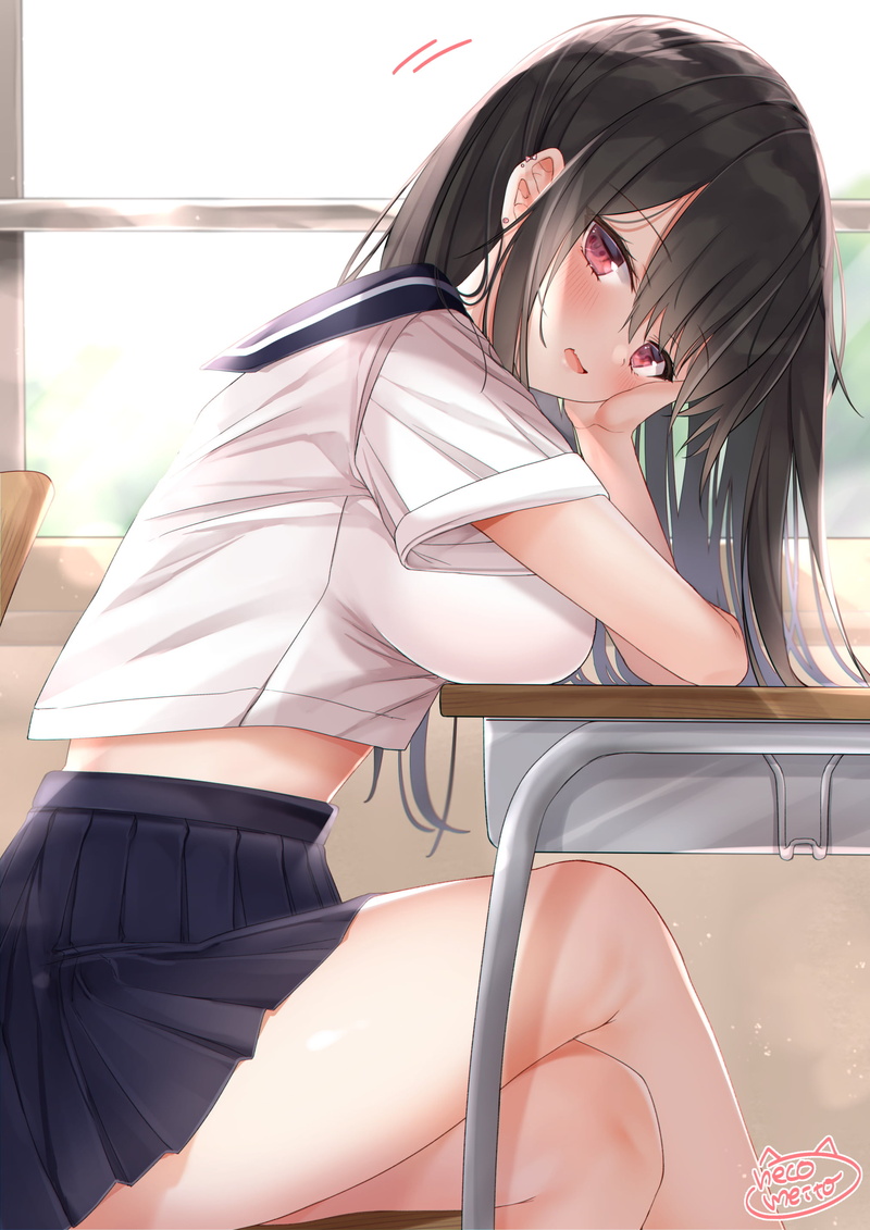 white shirt, window, shirt, long hair, black hair, jewelry, short sleeves, smiling, red eyes, legs crossed, black skirts, chair, school uniform, thighs