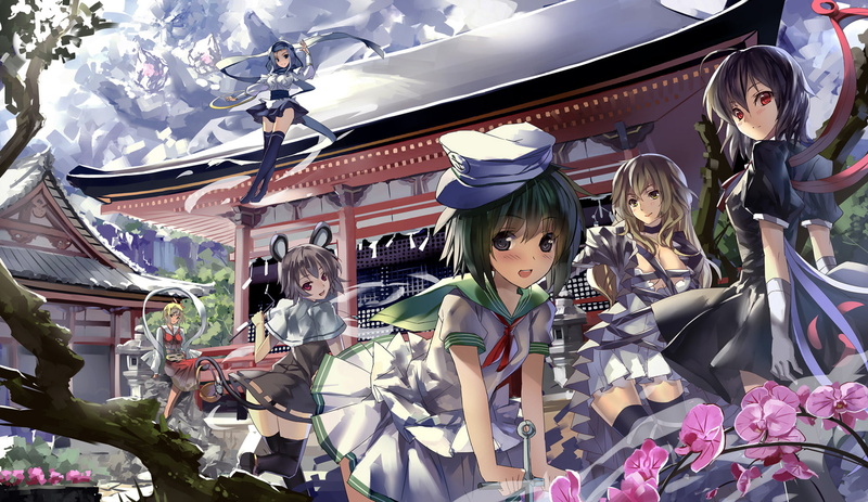 gloves, cleavage, hat, flowers, blue, touhou, red, tail, hair, group, dress, unzan, wings, tree, building, nazrin, blush, eyes, long, skirt, 720P, short
