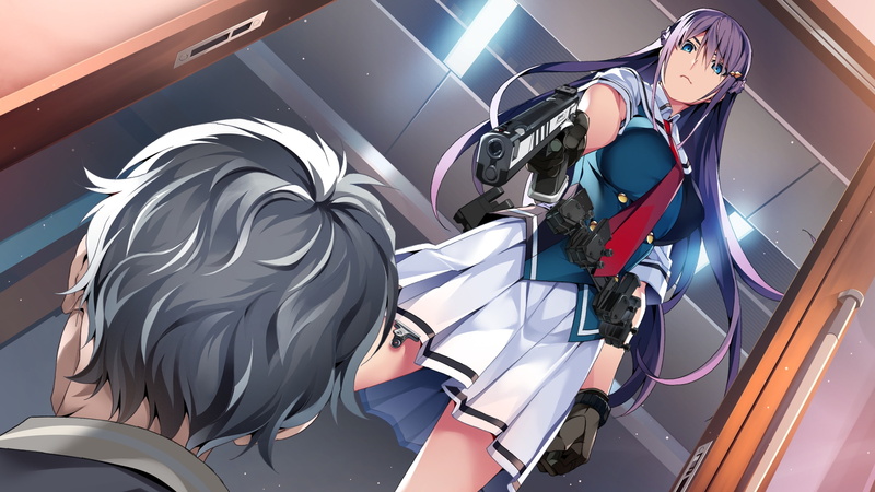 gun, tie, konachan, 2K, seifuku, aqua, gloves, wing, short, hair, 260363, male, braids, game, purple, long, eyes, front, fukami, weapon, reina, skirt