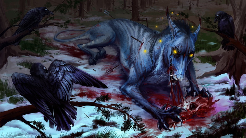 mutant, wool, wounded, predator, burning eyes, monster, black crows, scavengers, 1080P, art, Alaiaoray, arrows, mouth, a pool of blood, claws, devouring