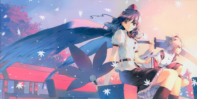 ryou, kneehighs, shameimaru, 4K, ribbons, short, long, hat, brown, hair, Black, eyes, touhou, ueda, white, wings, skirt, weapon, wolfgirl, sword, aya