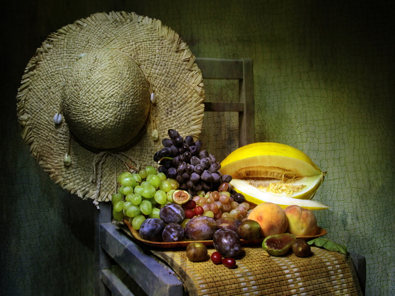 grapes, 1080P, drain, still life, hat, melon, fruit, chair, tray, peaches