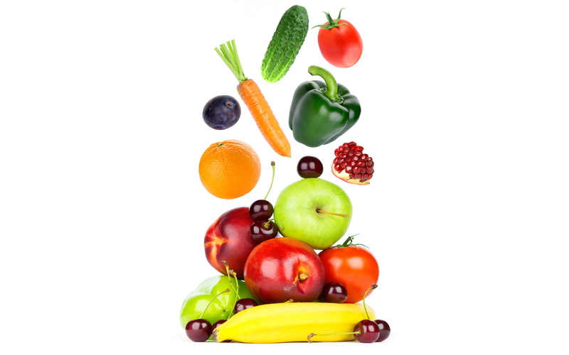 carrots, fruit, banana, 5K, garnet, pepper, cherry, tomatoes, vegetables, orange, white background, drain, cucumber, apples