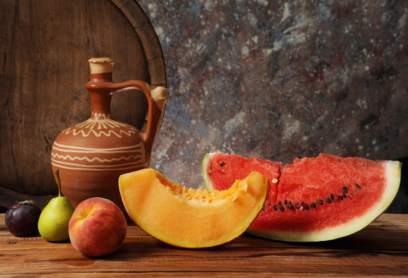 5K, watermelon, still life, pitcher, peach, pear, melon, drain, fruit, barrel