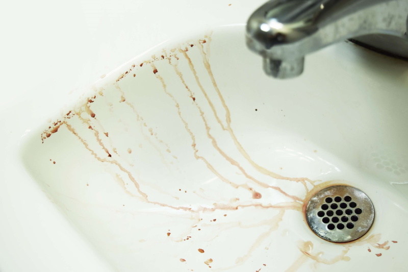 steel, domestic bathroom, kitchen utensil, home, dirty, food, close-up, domestic room, sink, drain, stained, white color, hygiene, no people, 4K, bloody