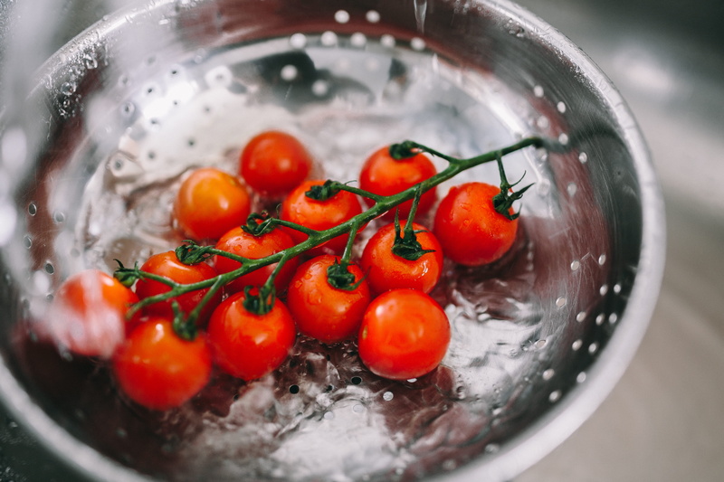 cooking, food, domestic room, fruit, washing, sink, vegetables, preparing food, vegetable, indoors, no people, close-up, tomato, kitchen utensil, healthy