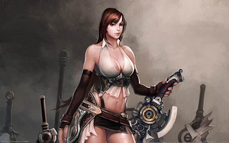 brown, costume, Divine, illustration, Souls, white, wearing, holding, haired, mechanical, red, sword, woman, 2K