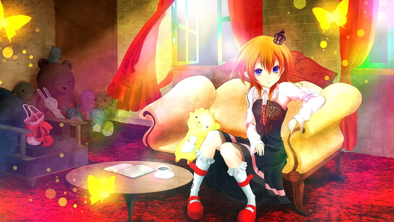 multi colored, childhood, short hair, celebration, illuminated, full length, blue eyes, lens flare, Ushiromiya Maria, toy, representation, night, anime girls