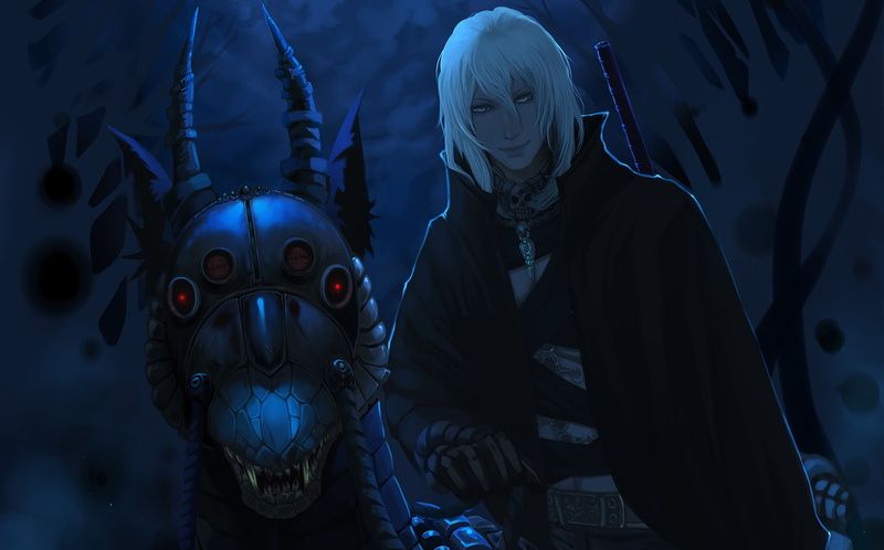 horns, art, grin, skull, man, dark, monster, horror, 1080P, fantasy, night, demon, moonlight, gothic, red, eyes, smile, teeth