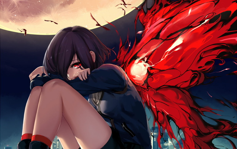 Night, women, Touka Kirishima, one Person, dark, Girl, people, front view, three quarter length, sky, Purple Hair, Moon, low angle view, looking At Camera