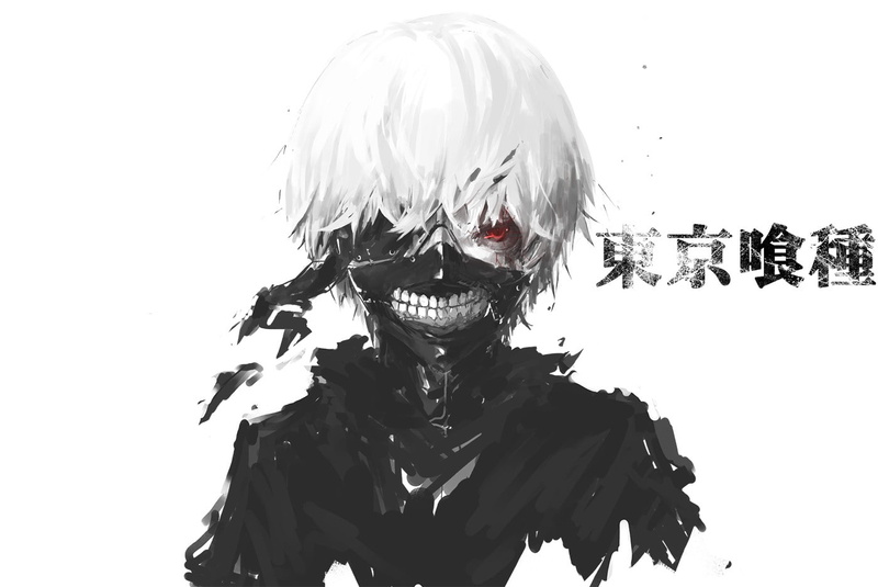 simple background, 720P, anime, white background, selective coloring, Tokyo Ghoul, Kaneki Ken, anime boys, red eyes, typography, teeth