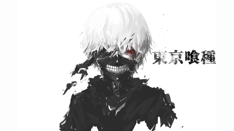 white background, 1080P, Tokyo Ghoul, anime boys, anime, Kaneki Ken, teeth, red eyes, simple background, selective coloring, typography