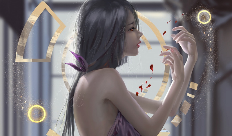 blood, fantasy girl, brunette, 1080P, fantasy art, bare shoulders, artwork, long hair, digital art, girl, symbols, fantasy, Ydiya Kai