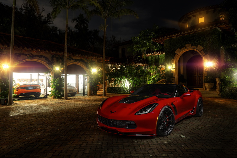 outdoors, transportation, Corvette, tree, Wheels, 5K, no people, built structure, American, Stingray, history, street light, night, Red, building exterior