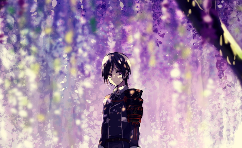 flowering, Dance Of Swords, under the tree, Touken Ranbu, by Kyanarinu, military uniform, Wisteria, 1080P, Namazuo Toushirou