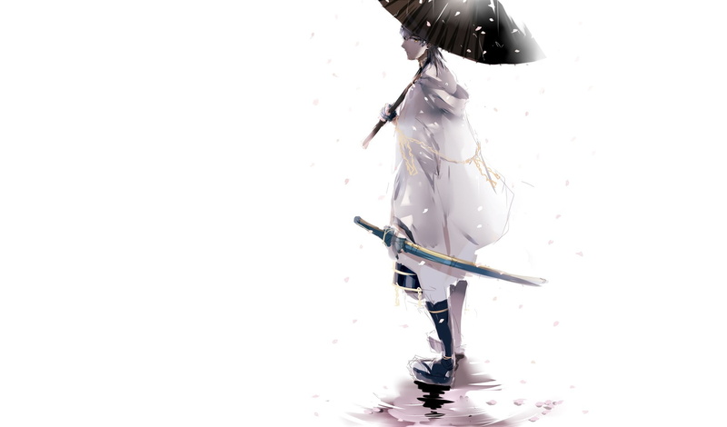 katana, 1080P, Touken Ranbu, Tsurumaru Kuninagas, puddle, Dance Of Swords, umbrella, the white cloak, white background, by Nori, snow, guy