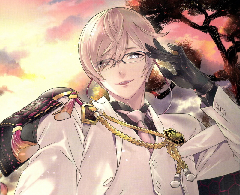 glasses, 1080P, art, Touken Ranbu, samurai, Ken Homerun, Dance Of Swords, white suit, aiguillette, pauldron, gloves, smile, tie, Sadamine Kikou