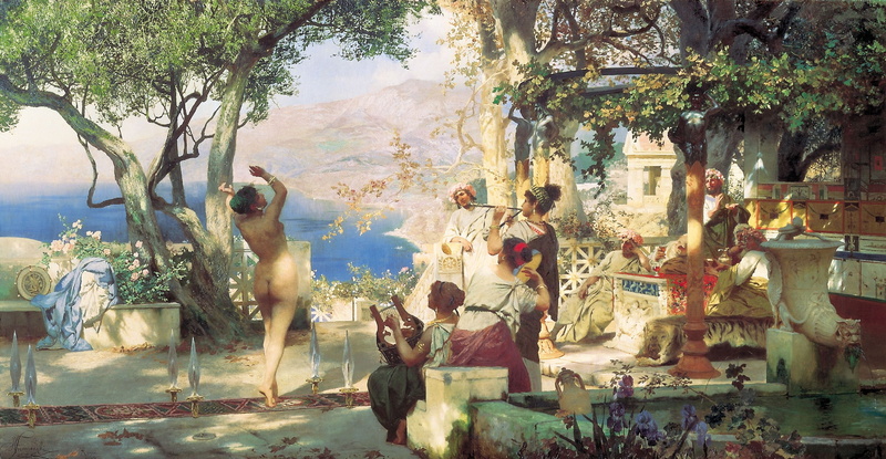 lake, mountains, 1881, oil, Dance among swords, 1080P, Henri semiradzki, Canvas, naked woman, speech