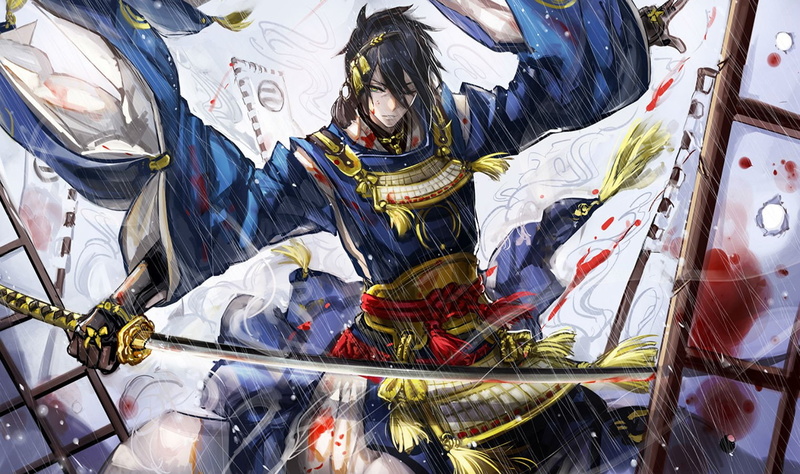 clothes, ranbu, weapon, armor, blood, male, touken, green, ryuuzaki, sword, 720P, all, eyes, japanese, gloves, munechika, short, katana, ichi, mikazuki