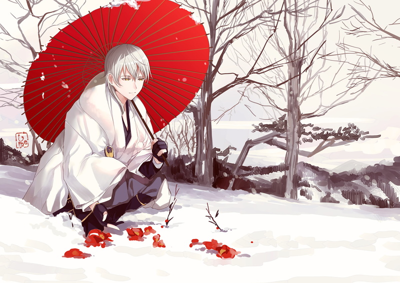 leisure activity, snow, red, white hair, full length, lifestyles, one person, warm clothing, touken ranbu, outdoors, sitting, tree, real people, young adult