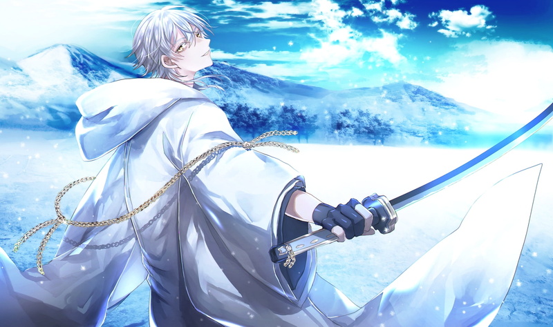 sunlight, tsurumaru kuninaga, white hair, lifestyles, young adult, clothing, outdoors, one person, hood, Anime, women, mountain, shoujo, cloud - sky, holding