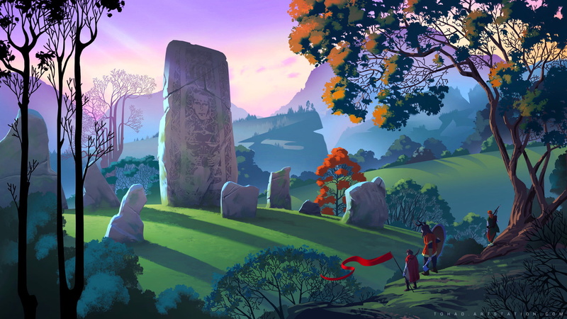 trees, stone, landscape, digital art, Sylvain Sarrailh, artwork, video game art, Varl, 1080P, fantasy art, The Banner Saga