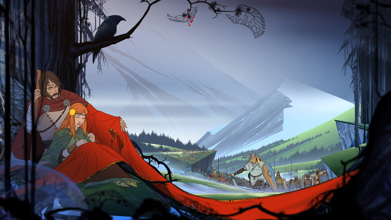 horns, mountains, trees, Stoïc, video game characters, video game art, father, Varl, RPG, Vikings, shield, 1080P, The Banner Saga, fantasy art, redhead