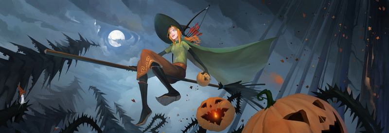 pumpkin, holiday, 8K, arrows, Banner Saga, the full moon, night, Archer, Alette, Halloween, witch, art, broom, hat