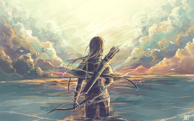 clouds, outdoors, water, young adult, standing, archer, artwork, digital composite, long hair, fantasy art, hairstyle, leisure activity, character, lifestyles