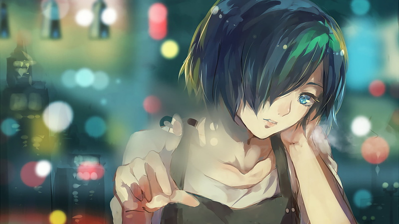 anime, representation, fashion, headshot, illuminated, night, backgrounds, beauty, glamour, illustration, Tokyo Ghoul, haired, blue eyes, anime girls, green
