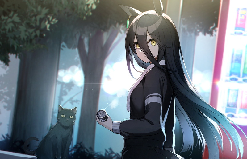 Uma Musume Pretty Derby, cat and girl, Manhattan Cafe (Uma Musume), anime, cats, animal ears, 1080P, anime girls