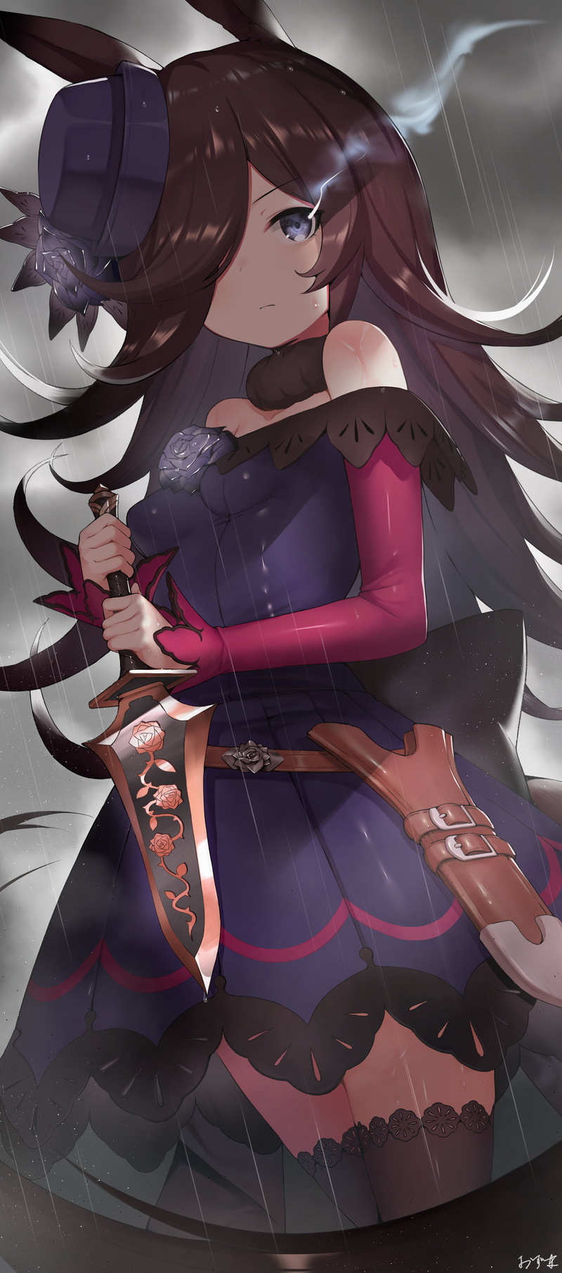 vertical, Rice Shower (Uma Musume), anime, animal ears, Uma Musume Pretty Derby, 4K, weapon, anime girls, dagger, hair over one eye