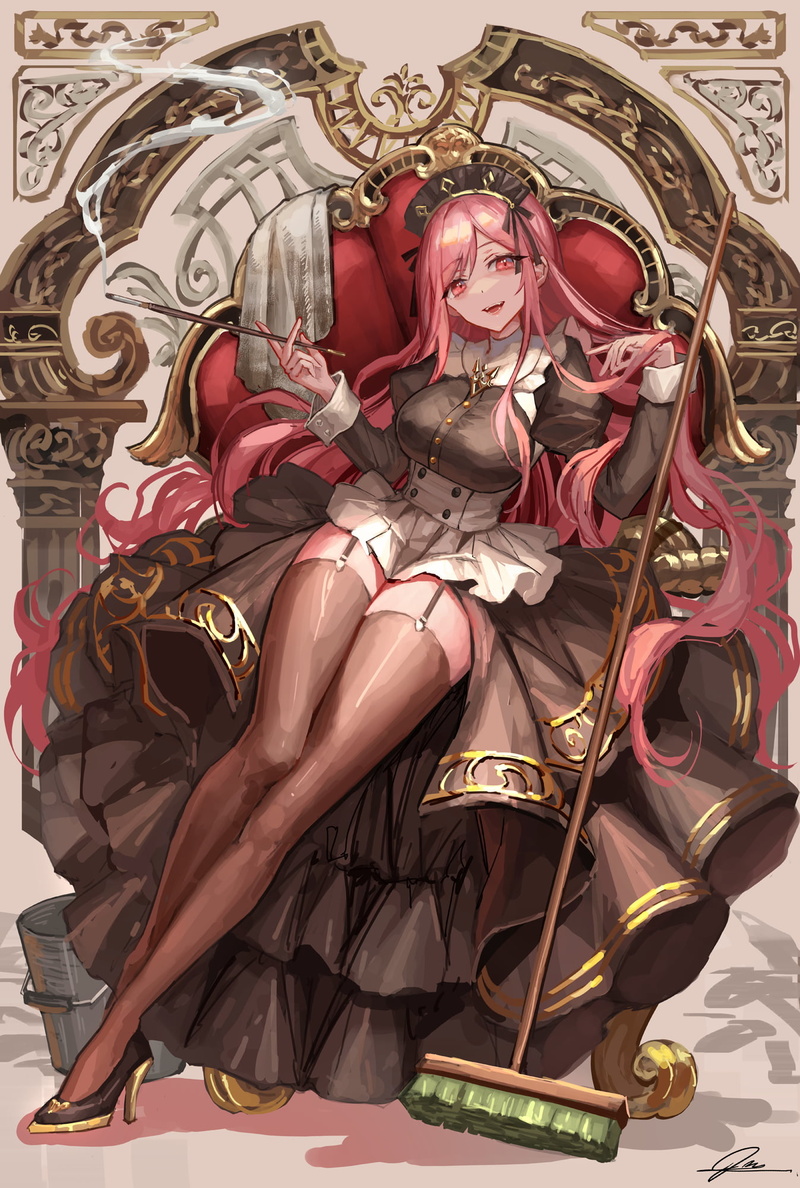 stockings, smoking, vertical, sitting, dress, 1080P, cigarettes, original characters, maid, broom, maid outfit, pink hair, illustration, anime girls, 2D