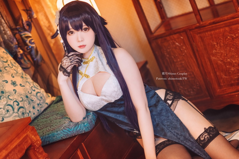women indoors, Shimo Cosplay, women, model, cleavage, gloves, Cheongsam, thighs, dress, black stockings, stockings, black lingerie, garter belt, video games