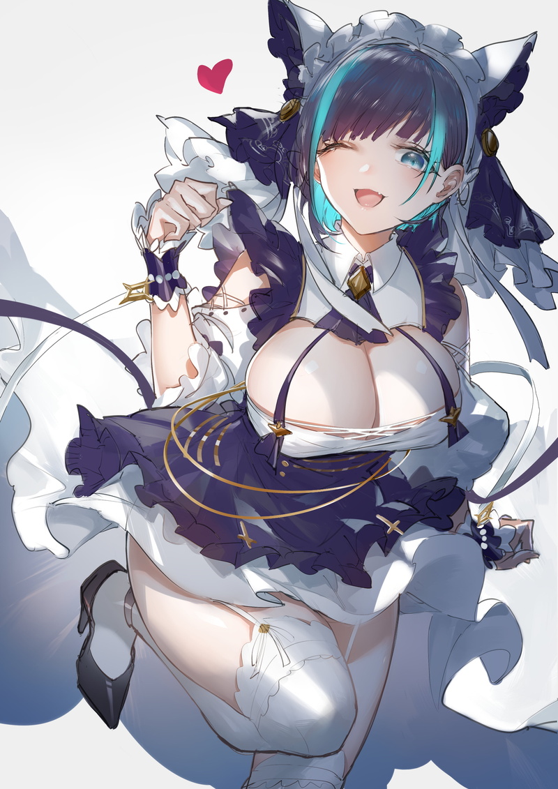 portrait display, fan art, maid, artwork, illustration, stockings, bangs, looking at viewer, white stockings, garter straps, maid outfit, digital art, cleavage