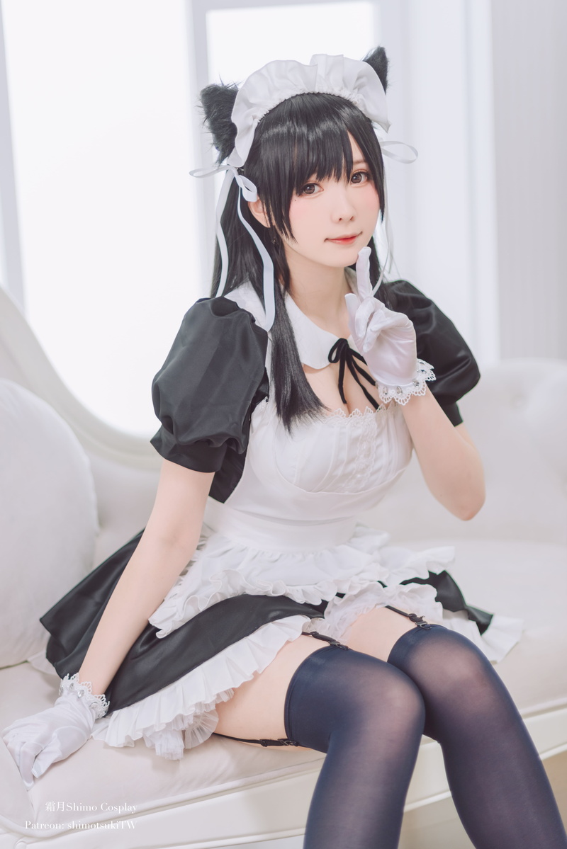 stockings, dress, brunette, video games, black stockings, Shimo Cosplay, model, maid outfit, Asian, portrait display, vertical, indoors, gloves, video game girls